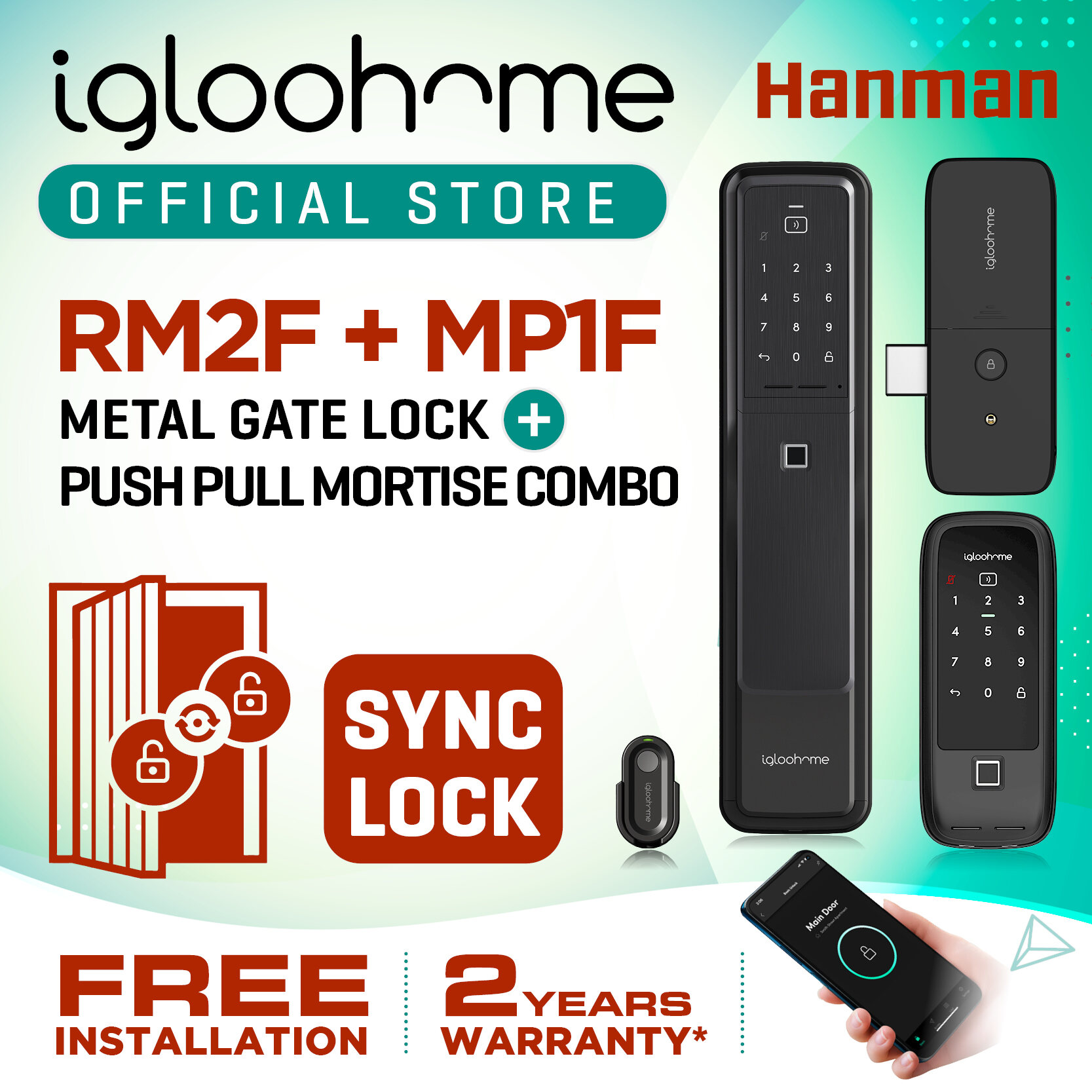 MP1F - IGLOOHOME (PUSH PULL MAIN DOOR LOCK) + RM2F - IGLOOHOME (METAL GATE LOCK) COMBO (SYNC LOCK) - FREE INSTALLATION