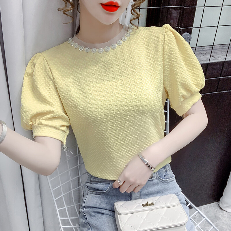 AIYIKU Mesh beaded round neck chiffon blouse women's 2023 summer new Korean version fashion solid color women's T-shirt