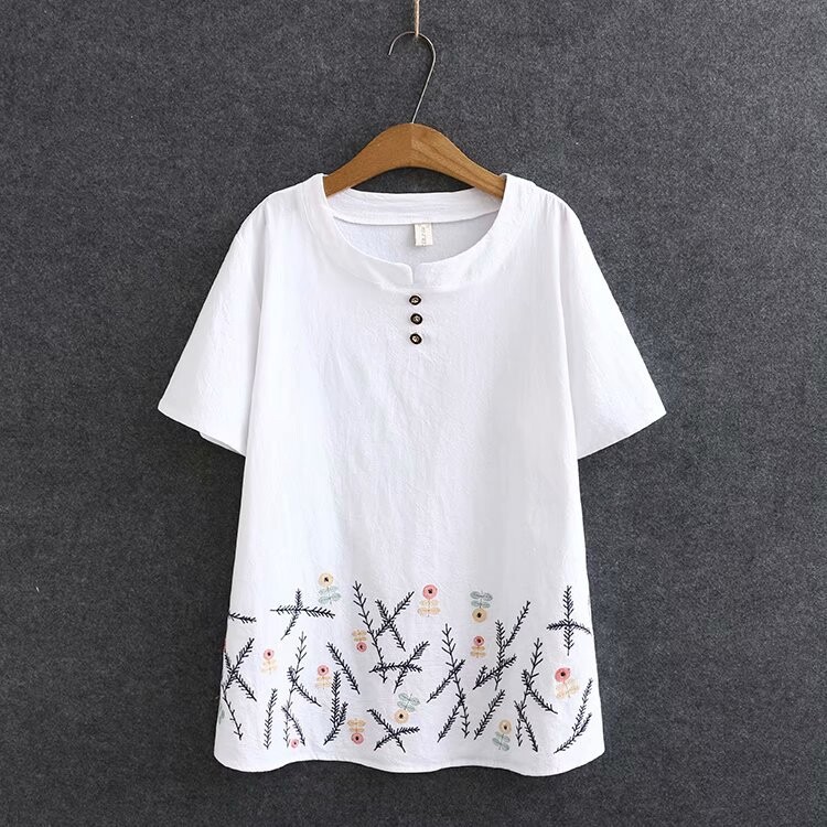 Plus Size White Red Women's Flower Embroidered Shirt Short Sleeve Summer Shirts Vintage Tops