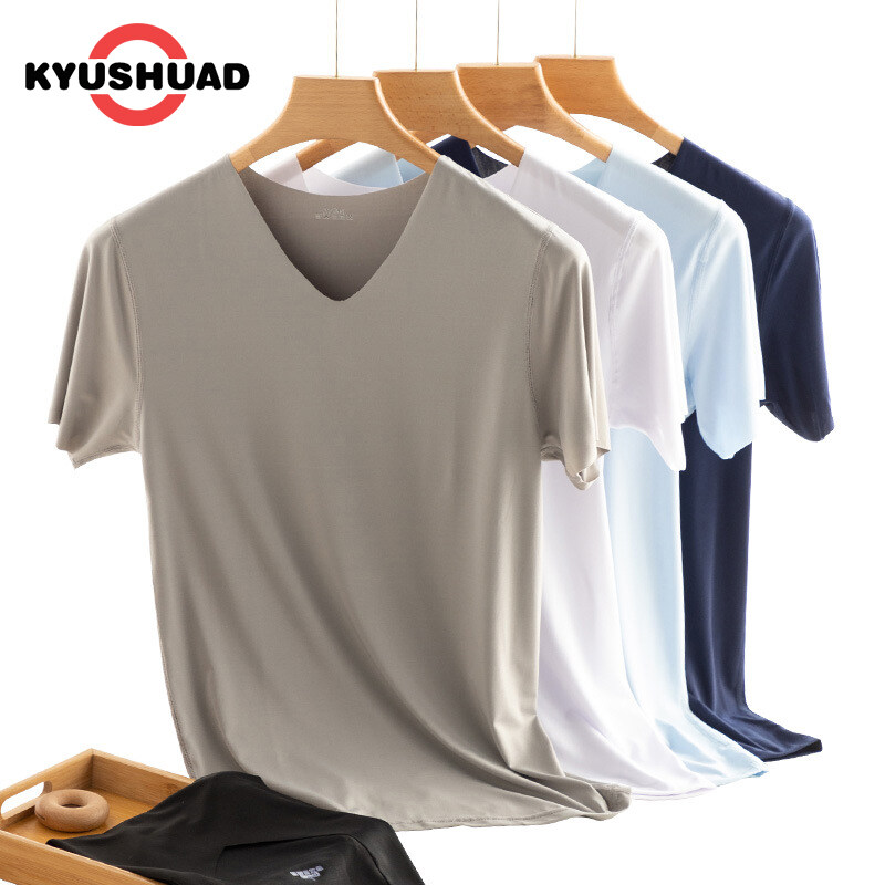 KYUSHUAD Ice Silk Seamless Short Sleeve T-shirt for Men V-neck Summer Thin Elastic Fit Top Mesh Quick Drying